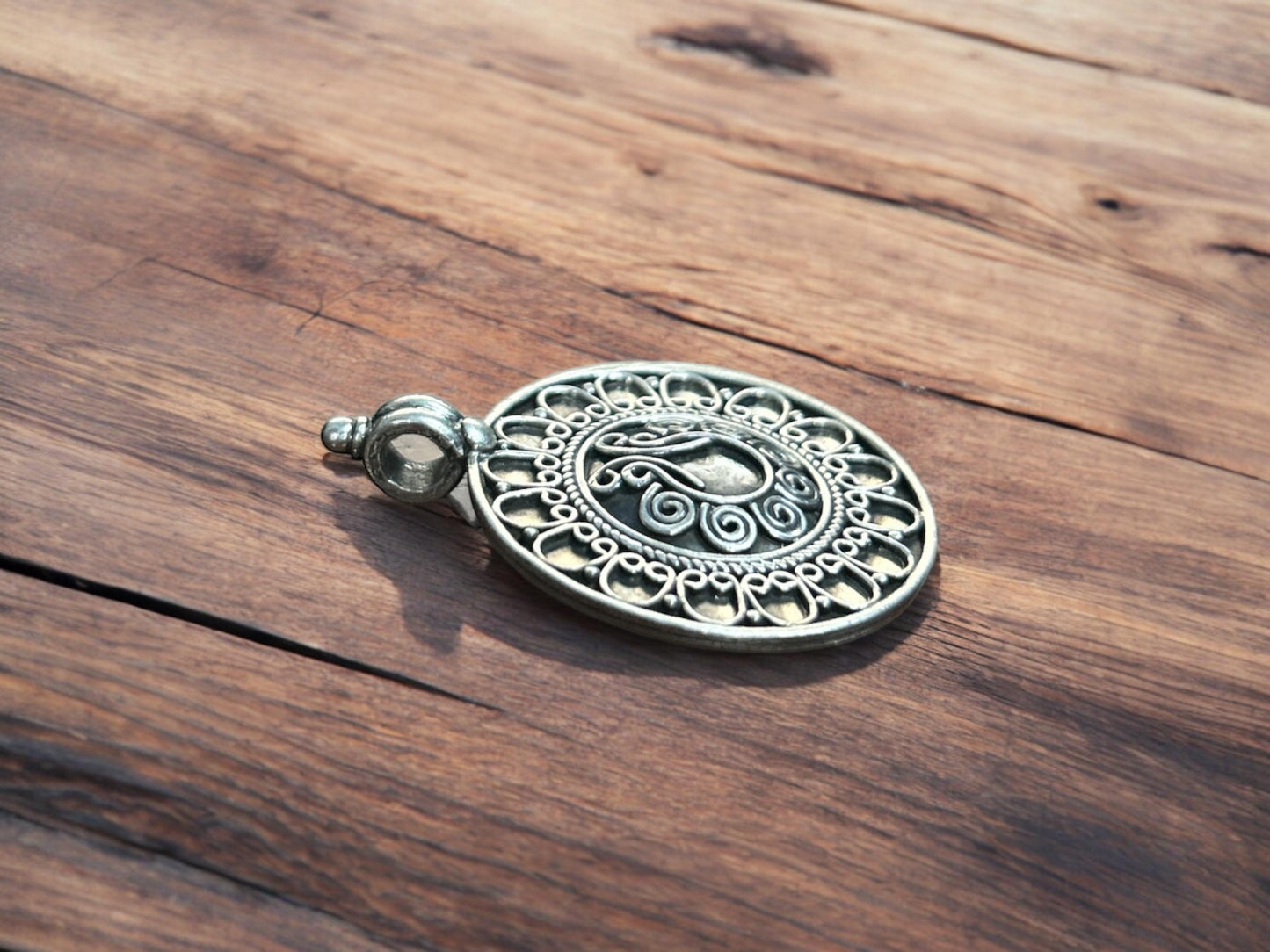 925 Sterling Silver Filigree Pendant  Oxidized Tribal Coin Charm  Ethnic Boho Statement Pendant  Granulated Silver  Gift for Her  (SR20)