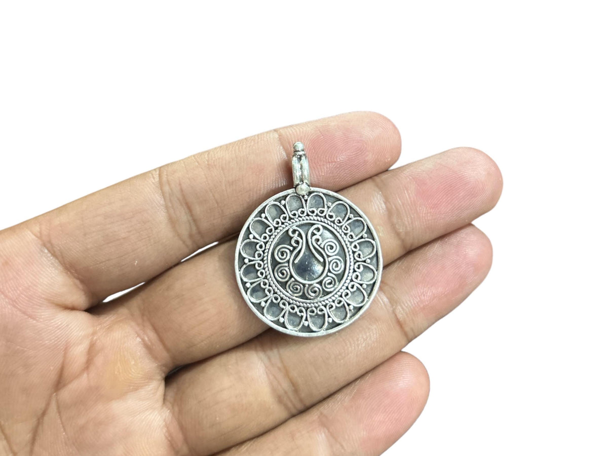 925 Sterling Silver Filigree Pendant  Oxidized Tribal Coin Charm  Ethnic Boho Statement Pendant  Granulated Silver  Gift for Her  (SR20)