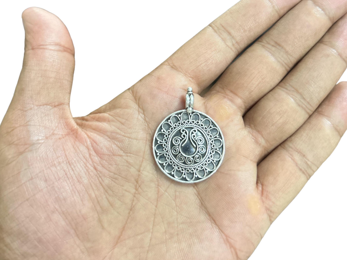 925 Sterling Silver Filigree Pendant  Oxidized Tribal Coin Charm  Ethnic Boho Statement Pendant  Granulated Silver  Gift for Her  (SR20)