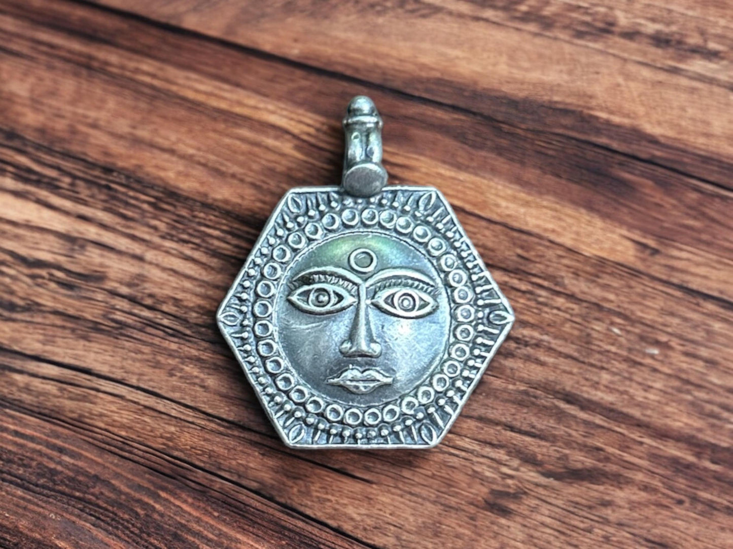 925 Sterling Silver Sun Pendant  Oxidized Tribal Sun Face Charm  Celestial Statement Pendant  Hexagon Sun Amulet  Gift for Her (SR14)