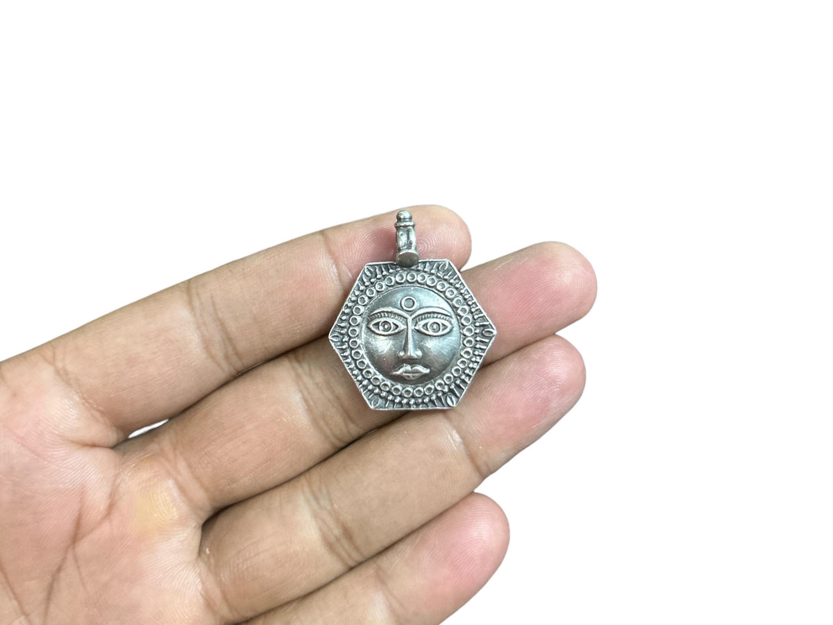 925 Sterling Silver Sun Pendant  Oxidized Tribal Sun Face Charm  Celestial Statement Pendant  Hexagon Sun Amulet  Gift for Her (SR14)