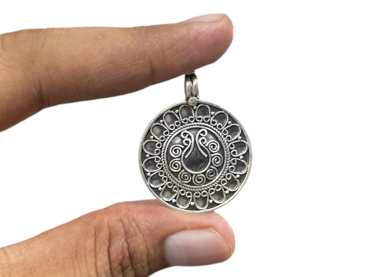925 Sterling Silver Filigree Pendant  Oxidized Tribal Coin Charm  Ethnic Boho Statement Pendant  Granulated Silver  Gift for Her  (SR20)