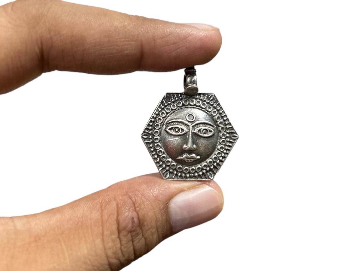 925 Sterling Silver Sun Pendant  Oxidized Tribal Sun Face Charm  Celestial Statement Pendant  Hexagon Sun Amulet  Gift for Her (SR14)