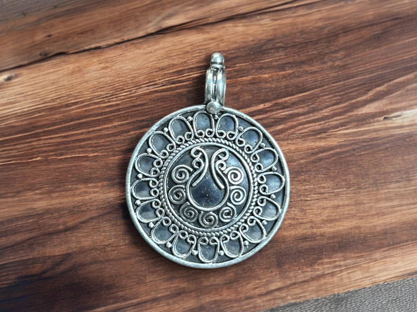 925 Sterling Silver Filigree Pendant  Oxidized Tribal Coin Charm  Ethnic Boho Statement Pendant  Granulated Silver  Gift for Her  (SR20)