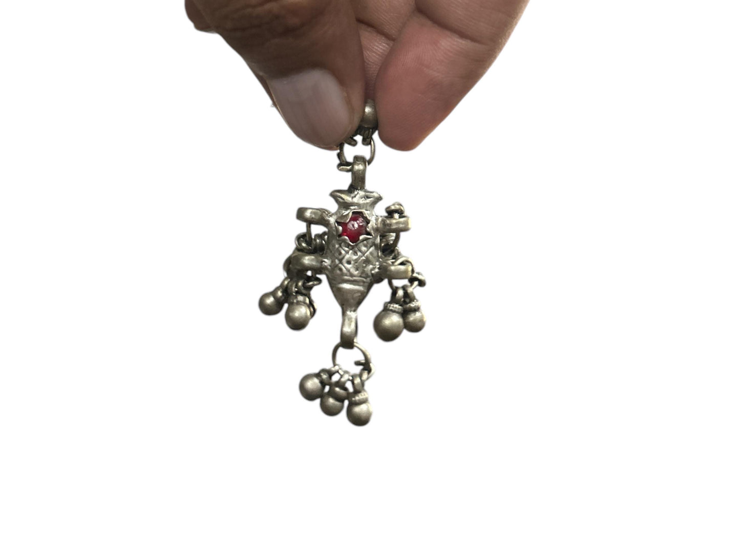 Vintage 1980s Old Silver Fish Pendant with Red Stone & Silver Bells, Tribal Jewelry (SR 63)