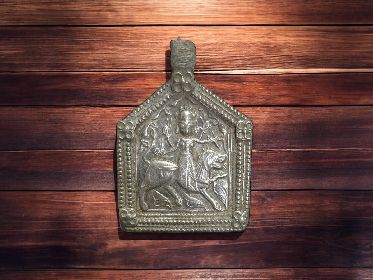 Vintage 1970s Old Silver Maa Durga Bhawani Lion Pendant, Tribal Goddess Jewelry, SR74