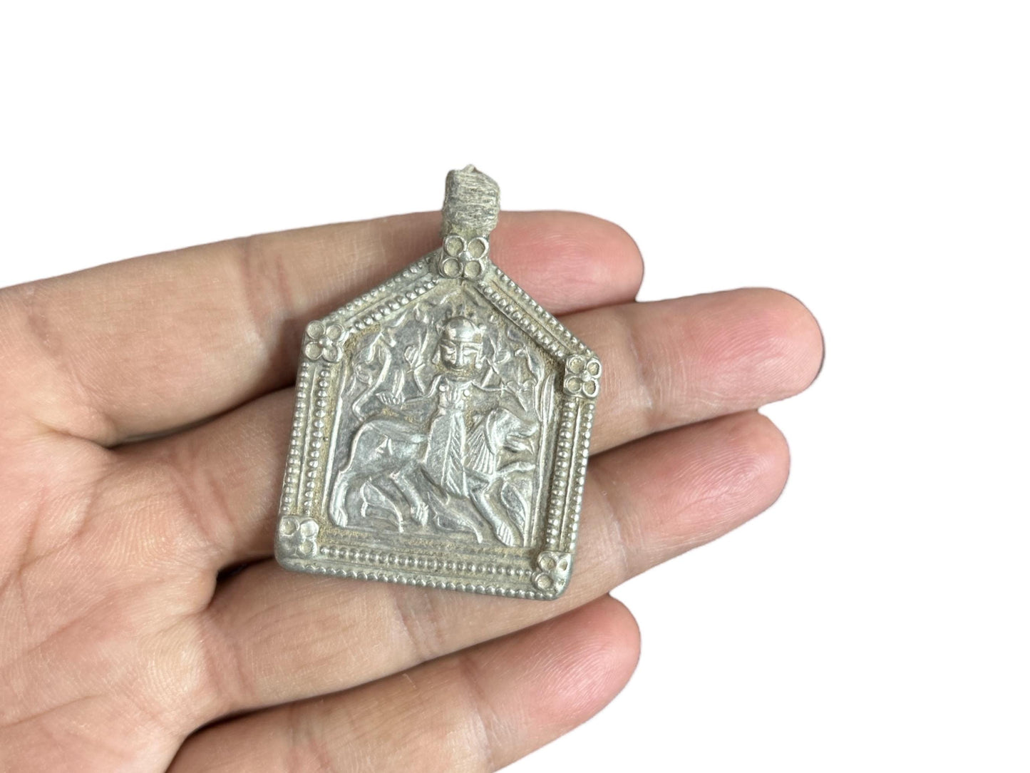 Vintage 1970s Old Silver Maa Durga Bhawani Lion Pendant, Tribal Goddess Jewelry, SR74