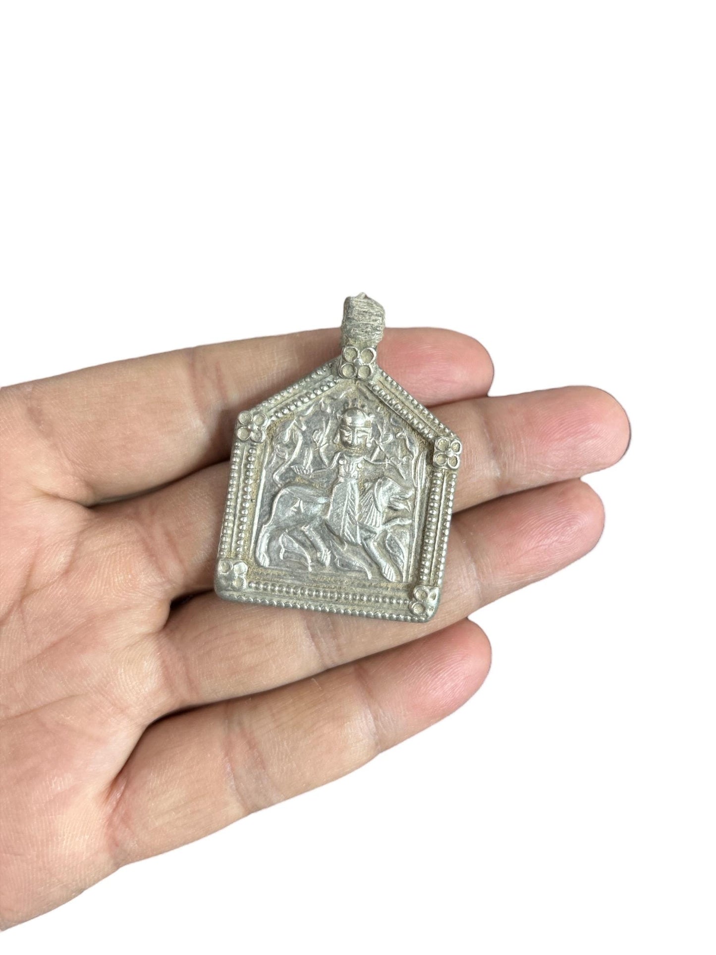 Vintage 1970s Old Silver Maa Durga Bhawani Lion Pendant, Tribal Goddess Jewelry, SR74