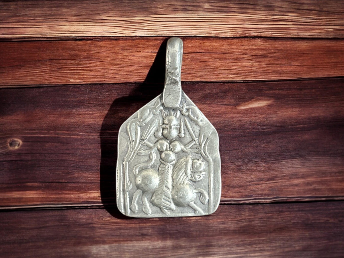 Vintage 1960s Old Silver Maa Durga Riding Lion Pendant, Tribal Goddess Jewelry,   SR79