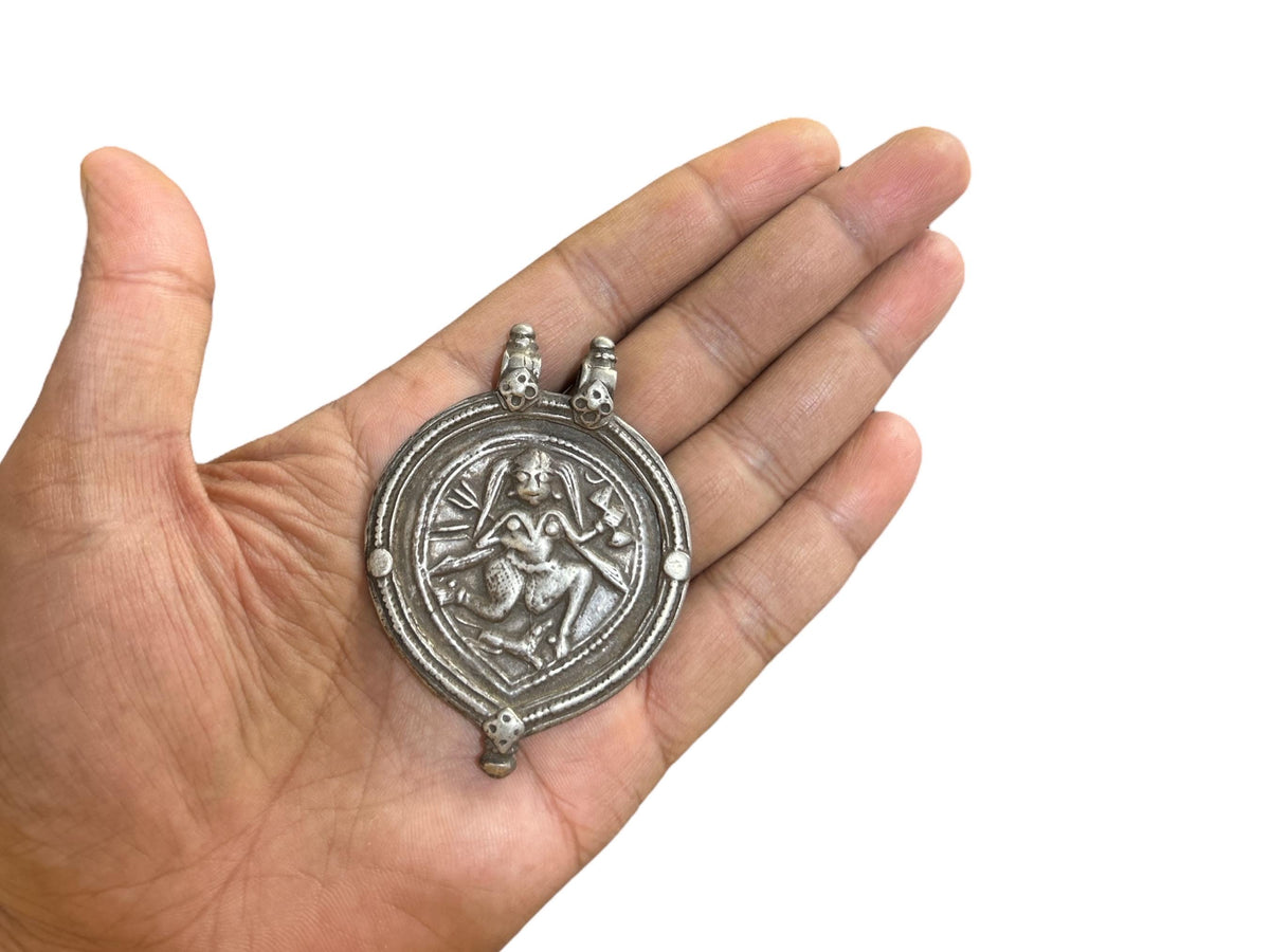 Vintage 1960s Old Silver Kali Maa Pendant, Indian Tribal Goddess Jewelry, SR91