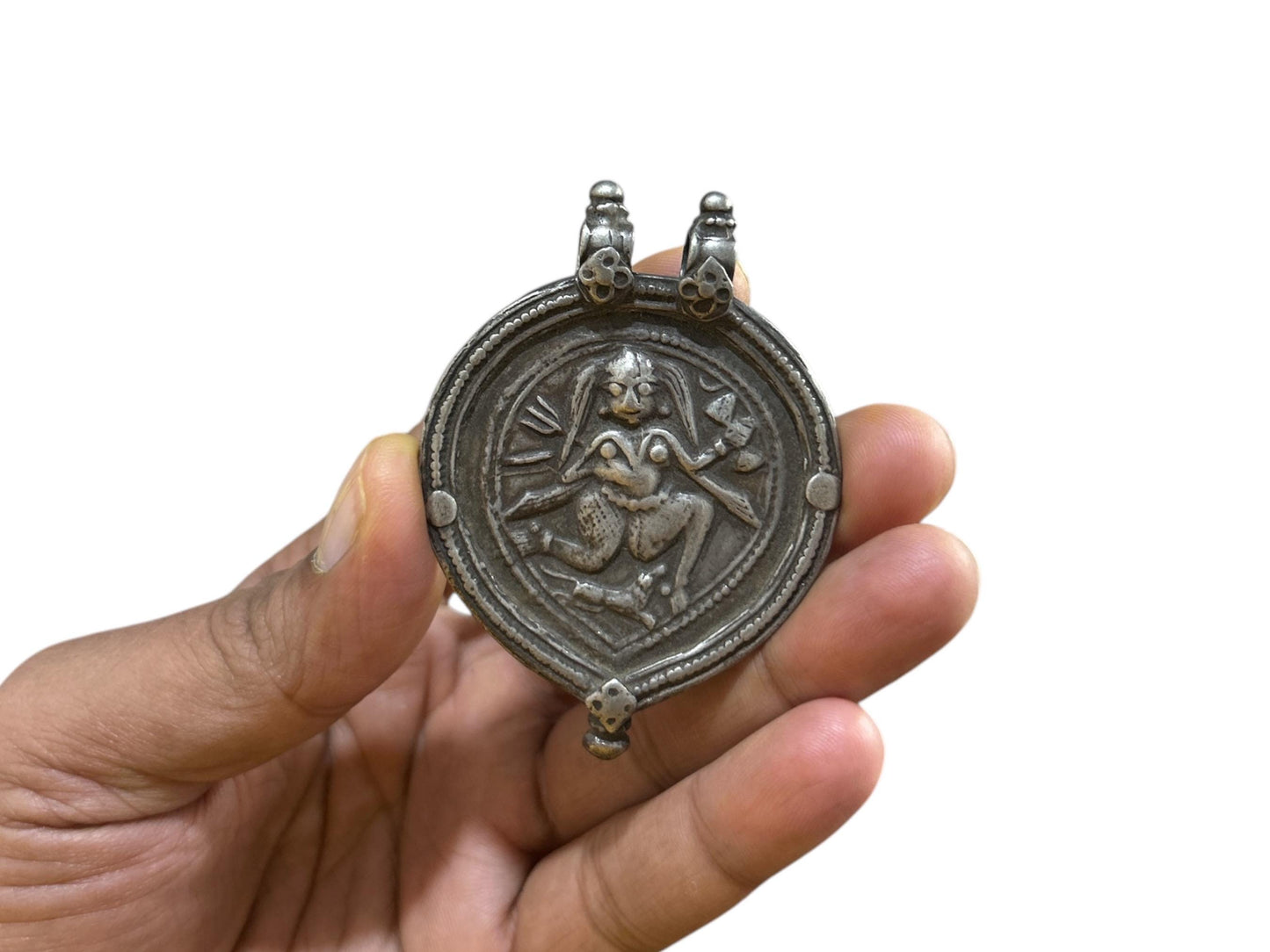 Vintage 1960s Old Silver Kali Maa Pendant, Indian Tribal Goddess Jewelry, SR91