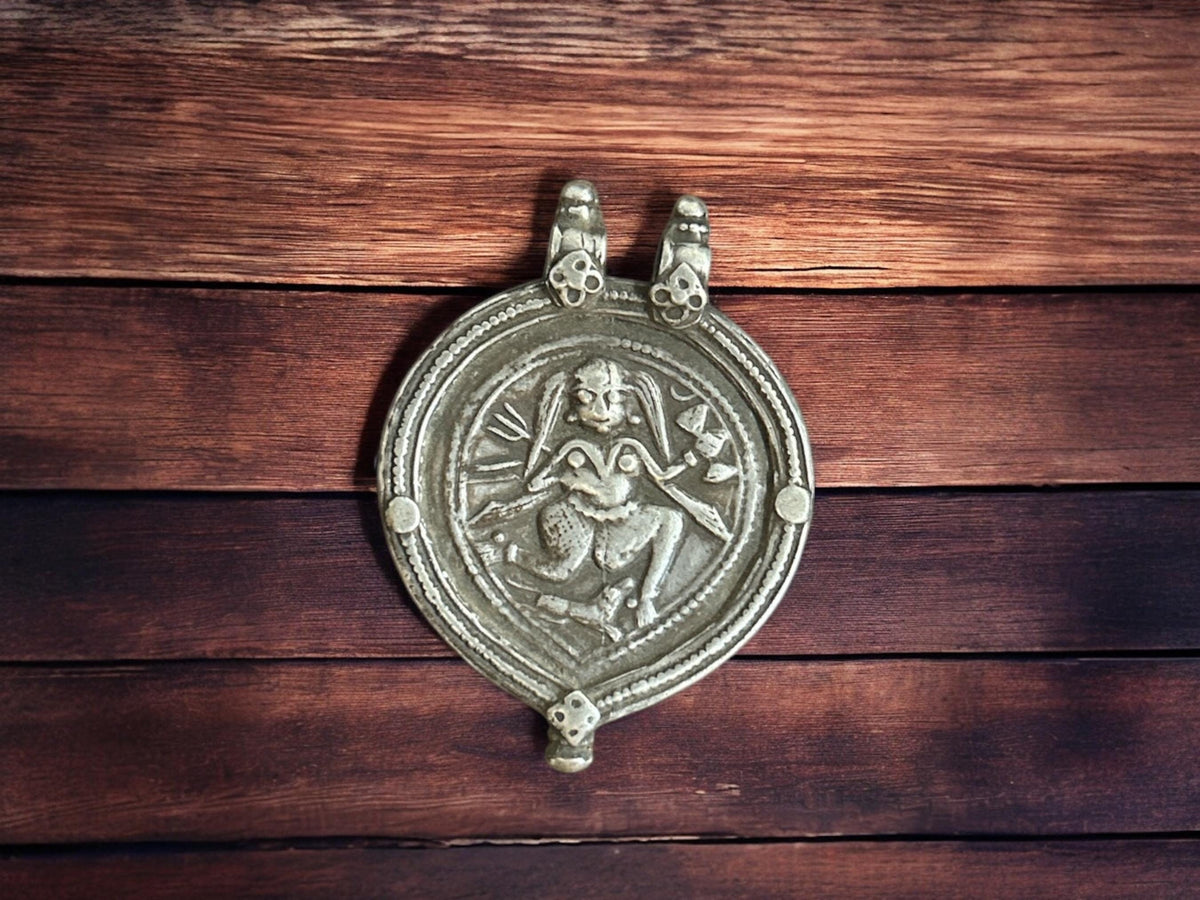 Vintage 1960s Old Silver Kali Maa Pendant, Indian Tribal Goddess Jewelry, SR91