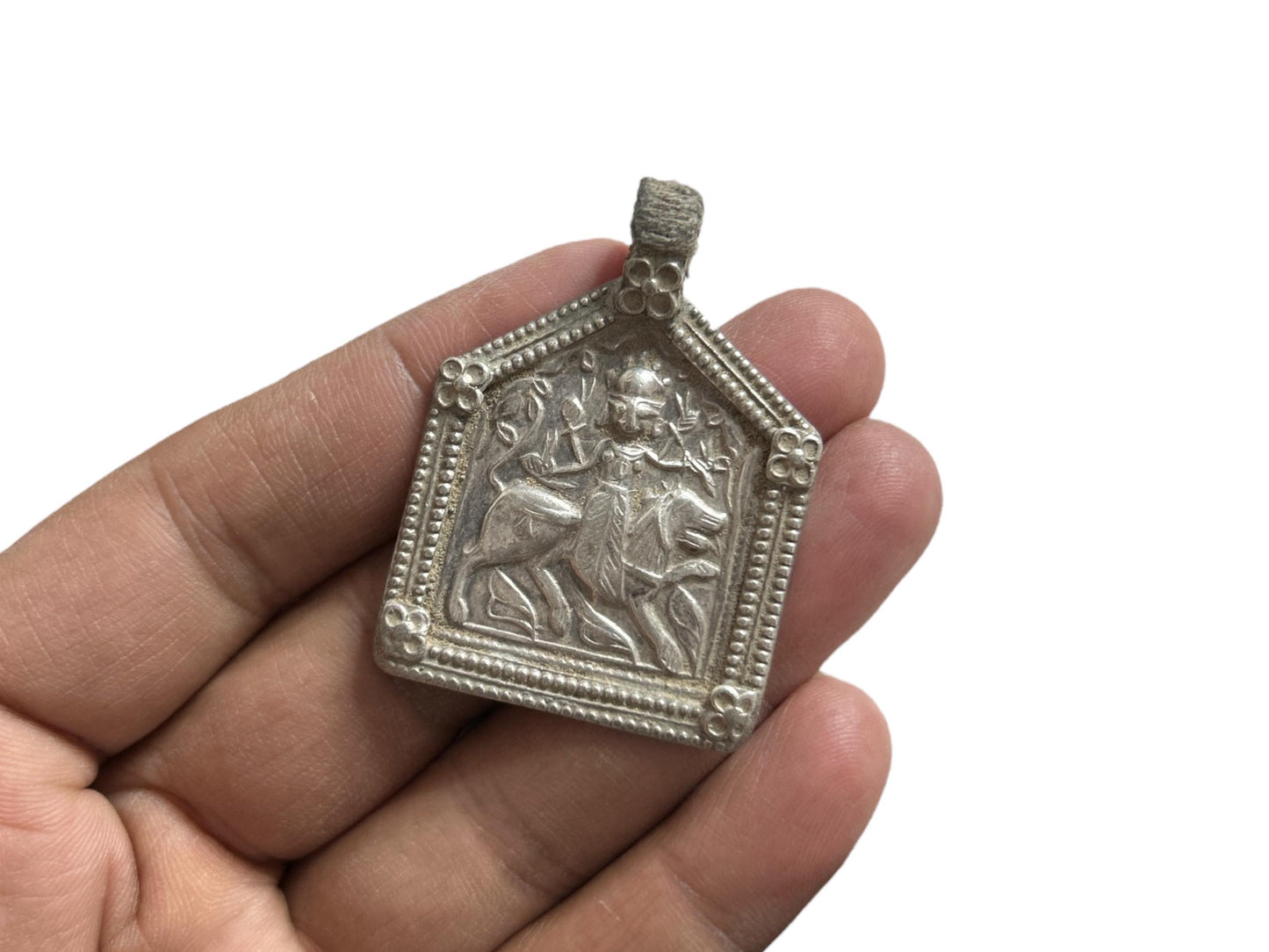 Vintage 1970s Old Silver Maa Durga Bhawani Lion Pendant, Tribal Goddess Jewelry, SR74