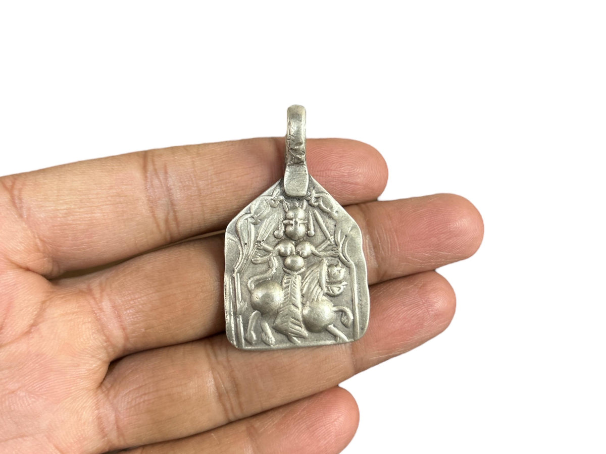 Vintage 1960s Old Silver Maa Durga Riding Lion Pendant, Tribal Goddess Jewelry,   SR79