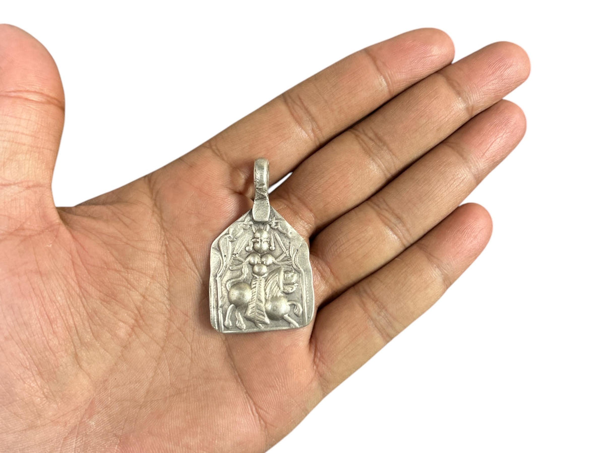 Vintage 1960s Old Silver Maa Durga Riding Lion Pendant, Tribal Goddess Jewelry,   SR79