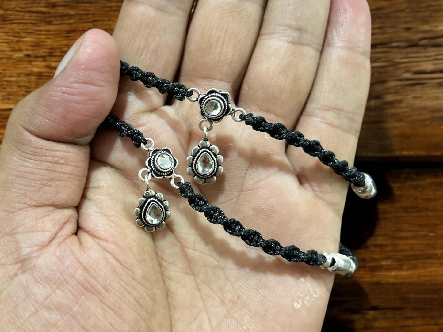Sterling Silver Black Thread Anklet, Handcrafted Adjustable Jewelry, SR145