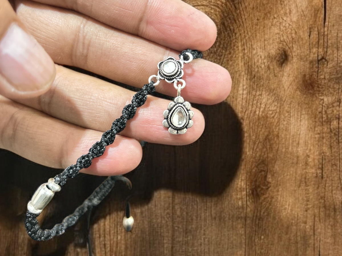 Sterling Silver Black Thread Anklet, Handcrafted Adjustable Jewelry, SR145