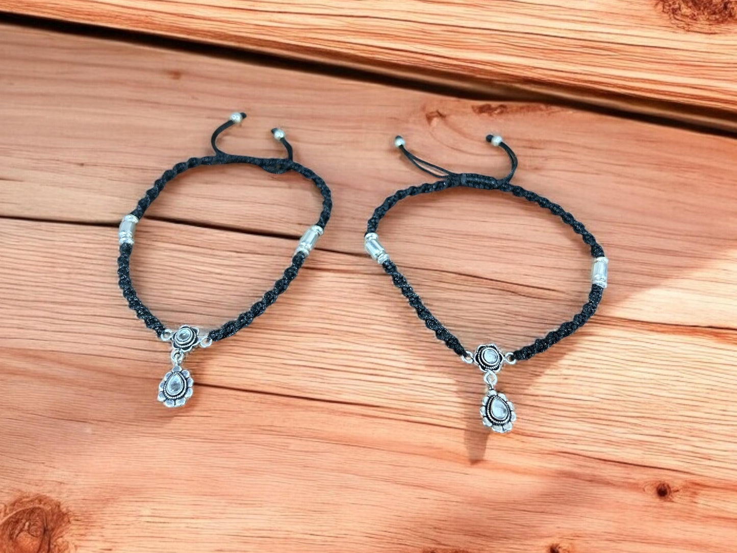 Sterling Silver Black Thread Anklet, Handcrafted Adjustable Jewelry, SR145