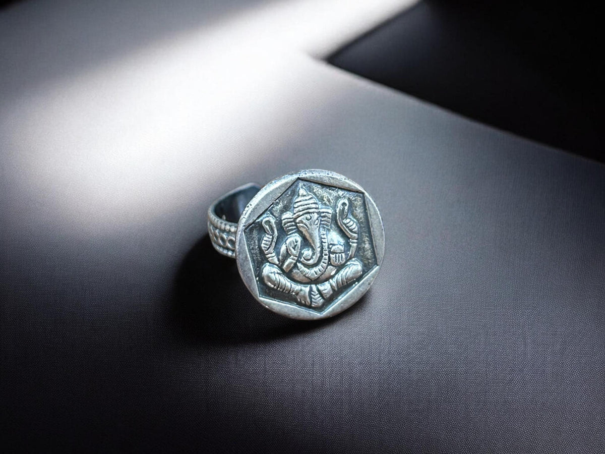 Handmade 925 Sterling Silver Adjustable Ganesha Ring, Vintage Look Tribal Statement Jewelry, SR 215