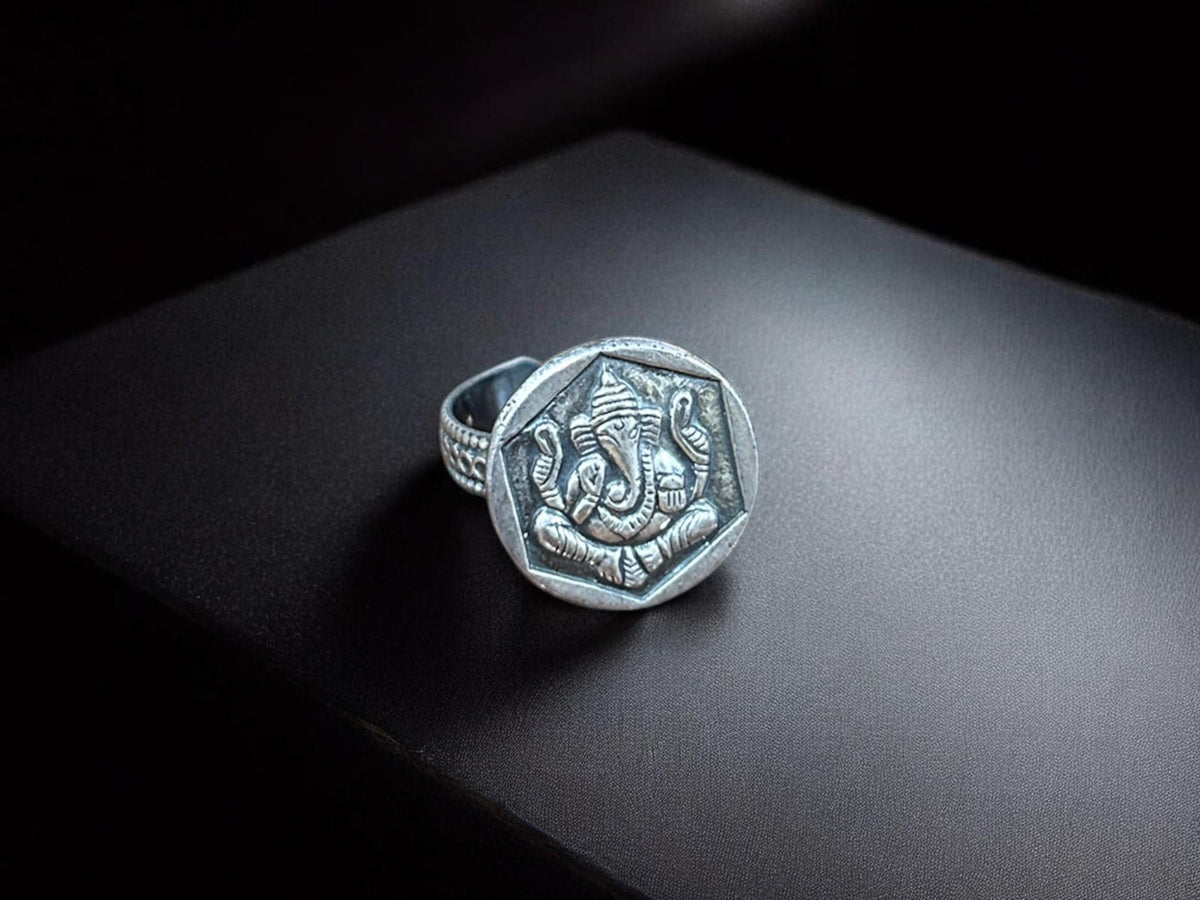 Handmade 925 Sterling Silver Adjustable Ganesha Ring, Vintage Look Tribal Statement Jewelry, SR 215
