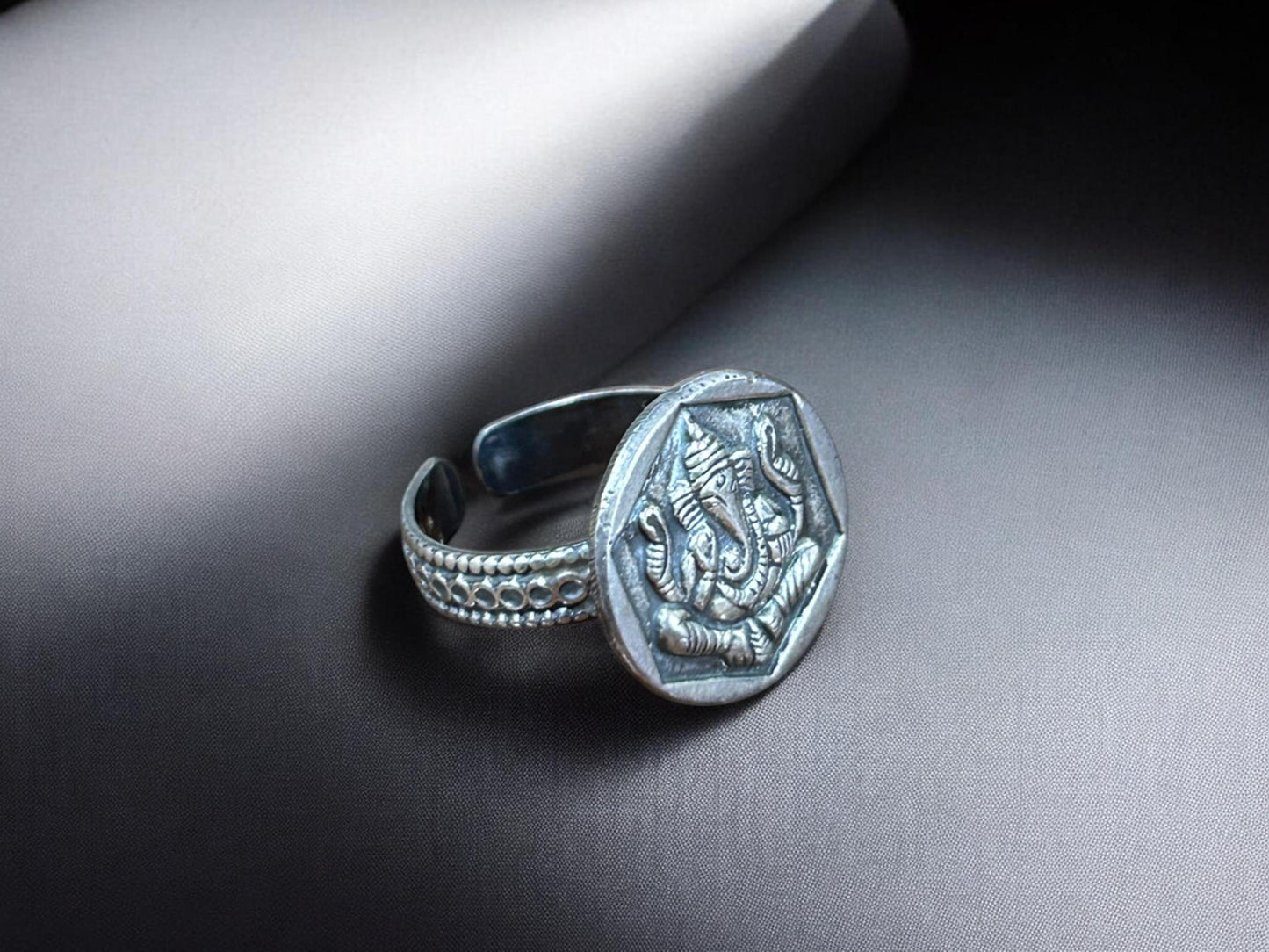 Handmade 925 Sterling Silver Adjustable Ganesha Ring, Vintage Look Tribal Statement Jewelry, SR 215