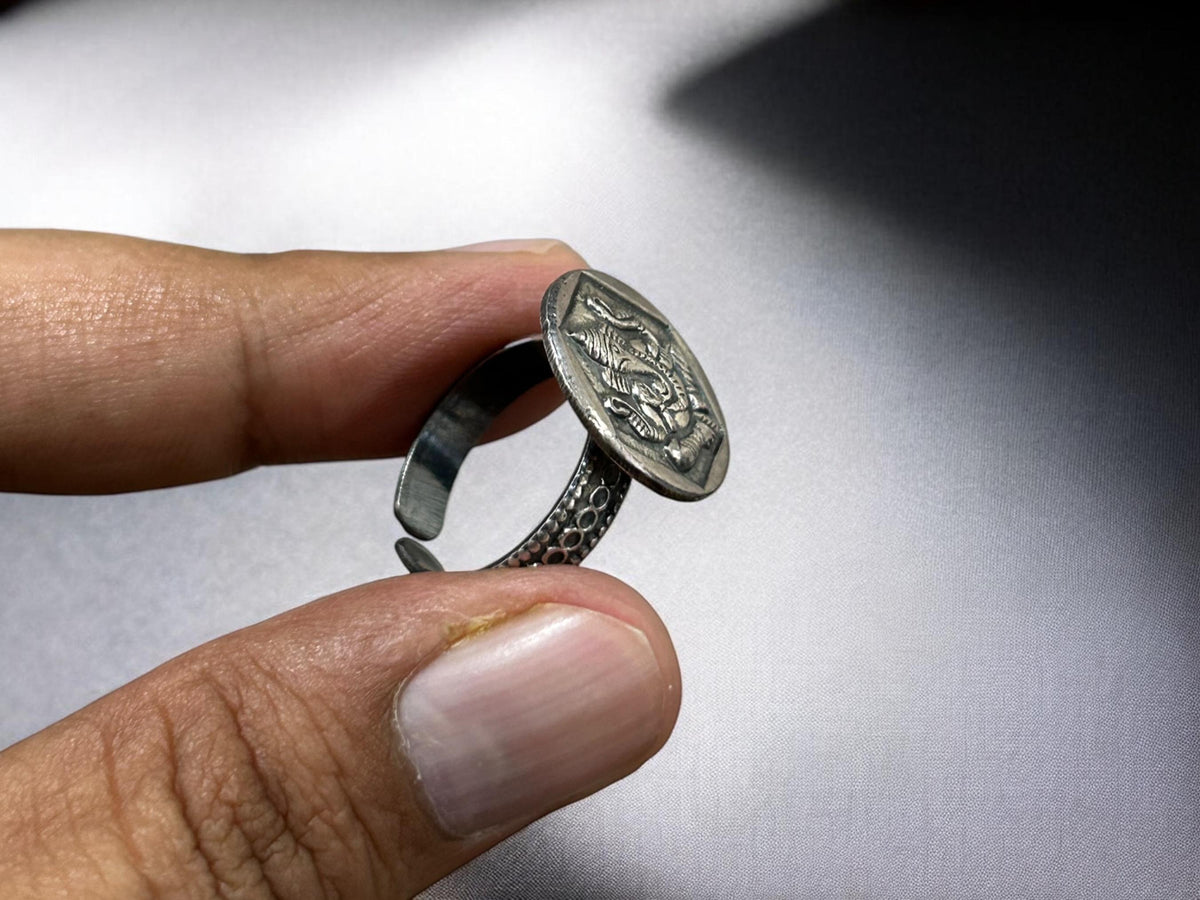 Handmade 925 Sterling Silver Adjustable Ganesha Ring, Vintage Look Tribal Statement Jewelry, SR 215