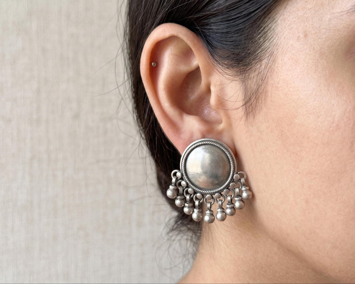 Antique Sterling Silver Handmade Stud Earrings with Hanging Silver Balls, Round Shaped Push Back Silver Studs. Tribal Ethnic Boho Style Stud
