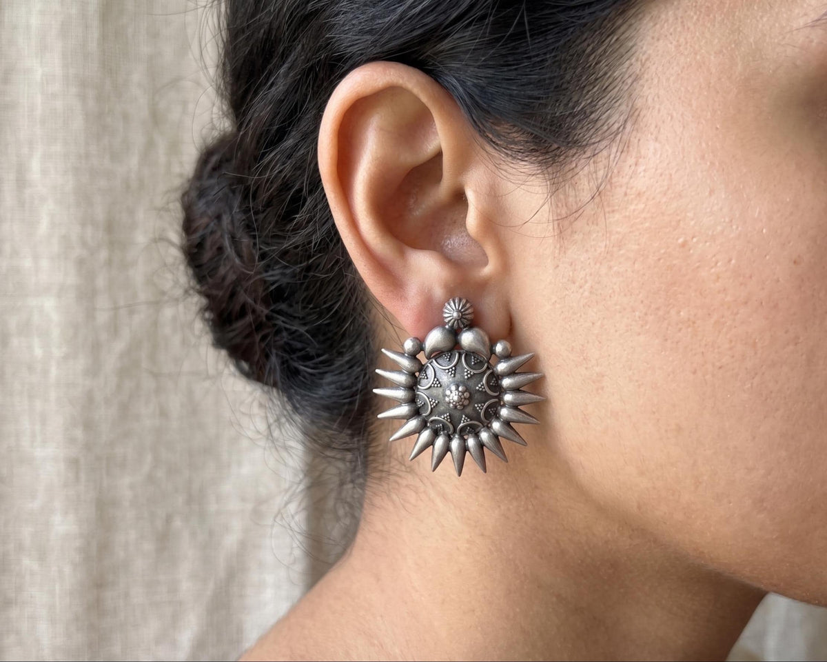 Sun Stud Earrings, Solid 925 Sterling Silver, Vintage Oxidized Style, Push Back Closure