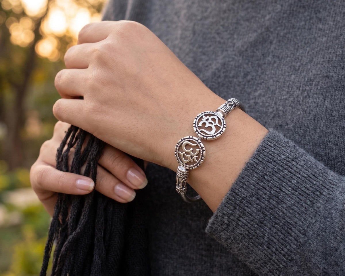 925 Sterling Silver Om Bangle  Oxidized Vintage Spiritual Adjustable Om Kada Cuff Bracelet  Hindu Indian Yoga Jewelry  Gift for Her Women