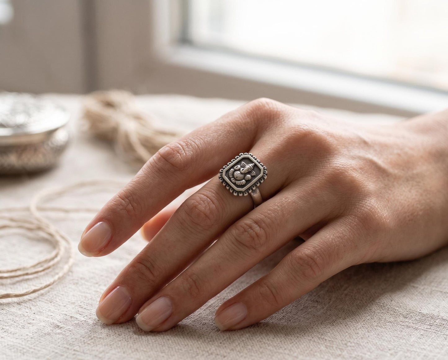 Handmade 925 Sterling Silver Adjustable Ganesha Ring, Vintage Look Tribal Statement Jewelry, SR 167