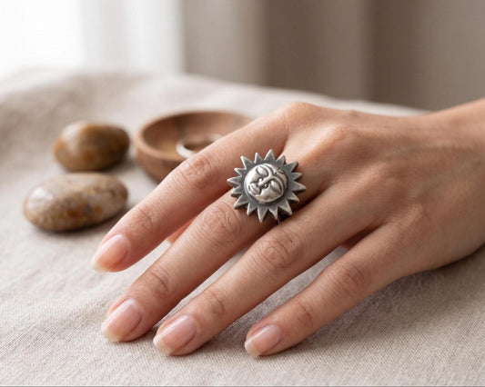 925 Sterling Silver Vintage Sun Face Ring • Adjustable Tribal Celestial Jewelry • Handmade Sun Design Statement Ring • Gift for Men & Women