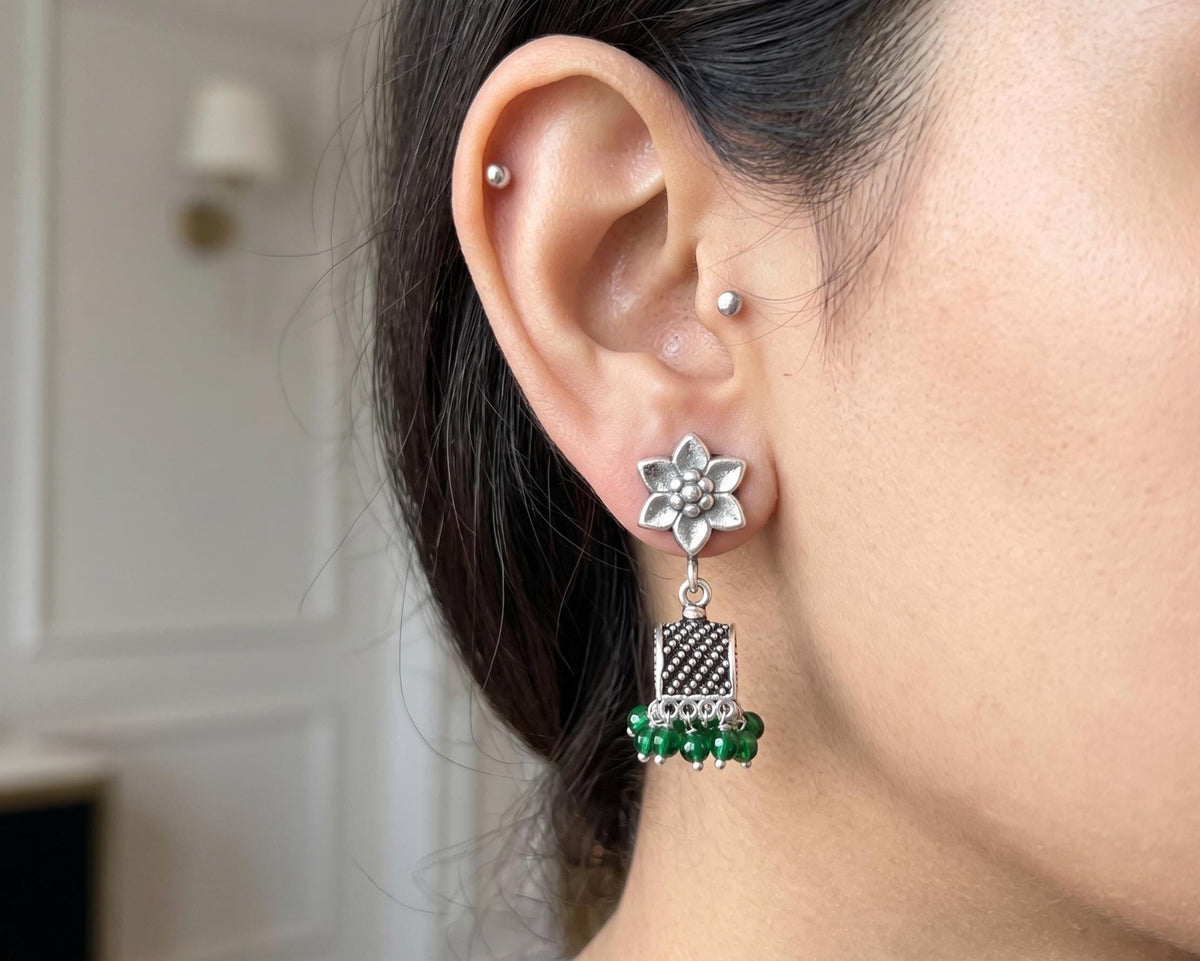 Handmade 925 Sterling Silver Green Balls Small Jhumki Jhumka Earrings, Indian Jhumka Silver Oxidized Earrings, Indian traditional Earrings