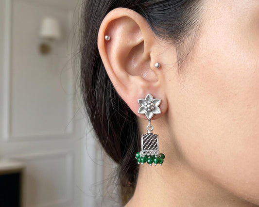 925 Sterling Silver Green Bead Jhumka Earrings • Handmade Oxidized Indian Jhumki Jewelry • Traditional Ethnic Dangle Earrings • Indian Gift for Her