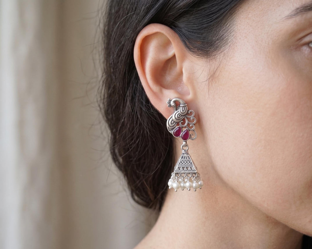 Beautiful Peacock Design Jhumka Earring, 925 Solid Sterling Jhumki, Jhumka Set, Indian Pure Silver Jhumki Earring, Gift for her, Rajasthan