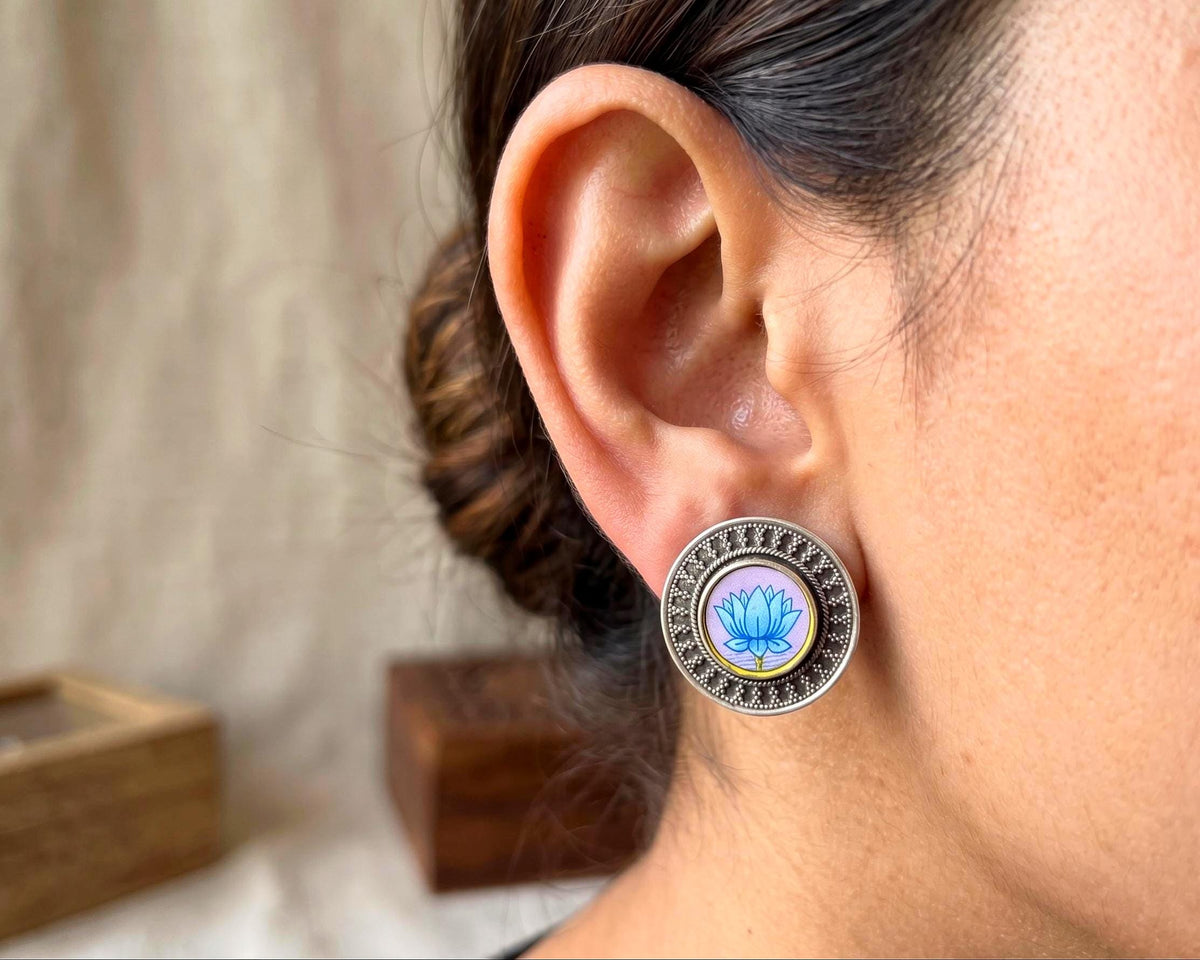 925 Sterling Silver Lotus Earrings, Handpainted Antique Flower, Spiritual Yoga Jewelry