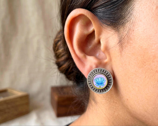 925 Sterling Silver Lotus Earrings • Hand-Painted Antique Floral Design • Spiritual Yoga Jewelry • Elegant Nature-Inspired Gift for Women