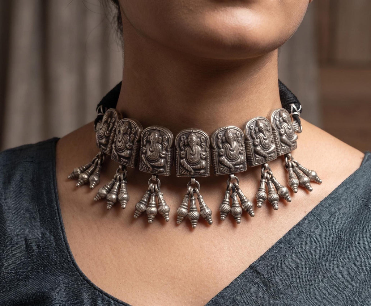 Pure Silver Ganesha Choker Necklace with adjustable length