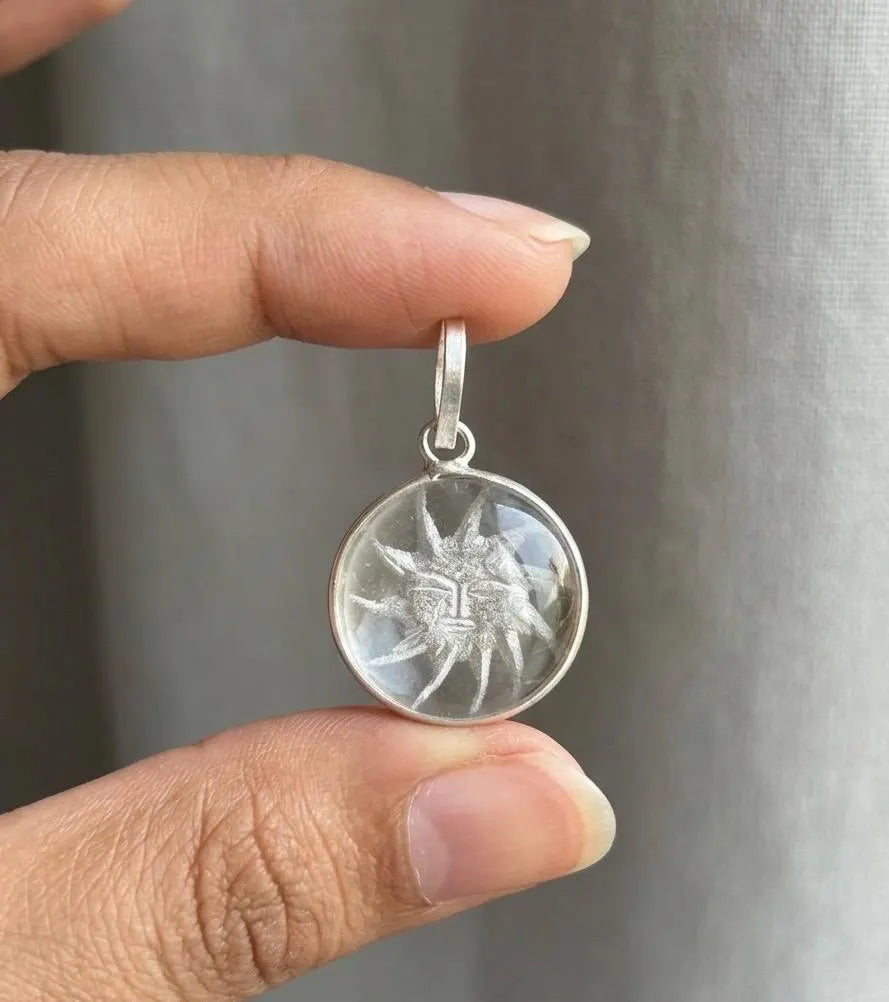 Sun Face Clear Quartz Crystal Pendant Necklace • Celestial Sun Jewelry • Natural Crystal Gift for Men & Women • Indian Jewelry • Hand Carved