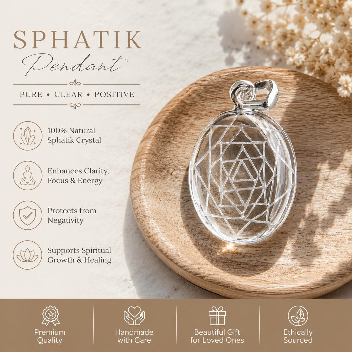 Shree Yantra Pendant • Natural Sphatik Crystal Necklace • Clear Quartz Sacred Geometry Jewelry • Lakshmi Yantra Locket • Sri Chakra Pendant