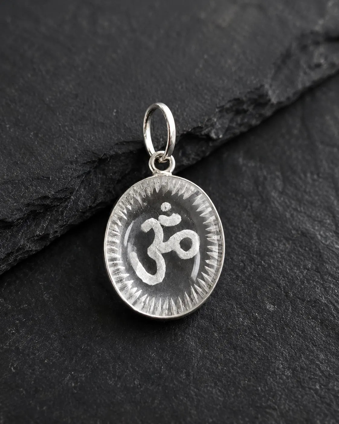 Om Sphatik Crystal Pendant • Clear Quartz Talisman Necklace • Hand Engraved Aum Spiritual Jewelry • Meditation Gift • Indian Jewelry • Hindu
