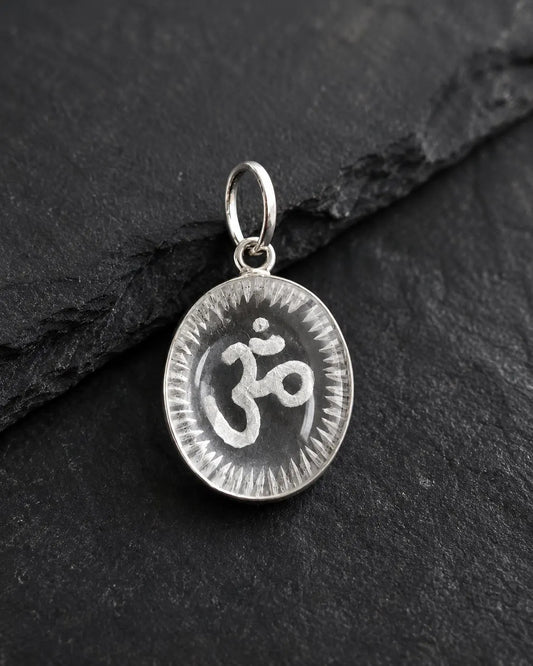 Om Sphatik Crystal Pendant • Clear Quartz Talisman Necklace • Hand Engraved Aum Spiritual Jewelry • Meditation Gift • Indian Jewelry • Hindu