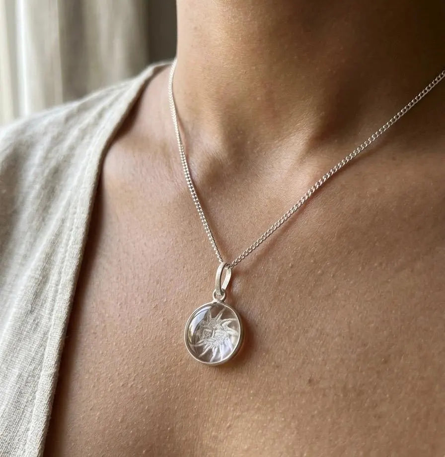 Sun Face Clear Quartz Crystal Pendant Necklace • Celestial Sun Jewelry • Natural Crystal Gift for Men & Women • Indian Jewelry • Hand Carved