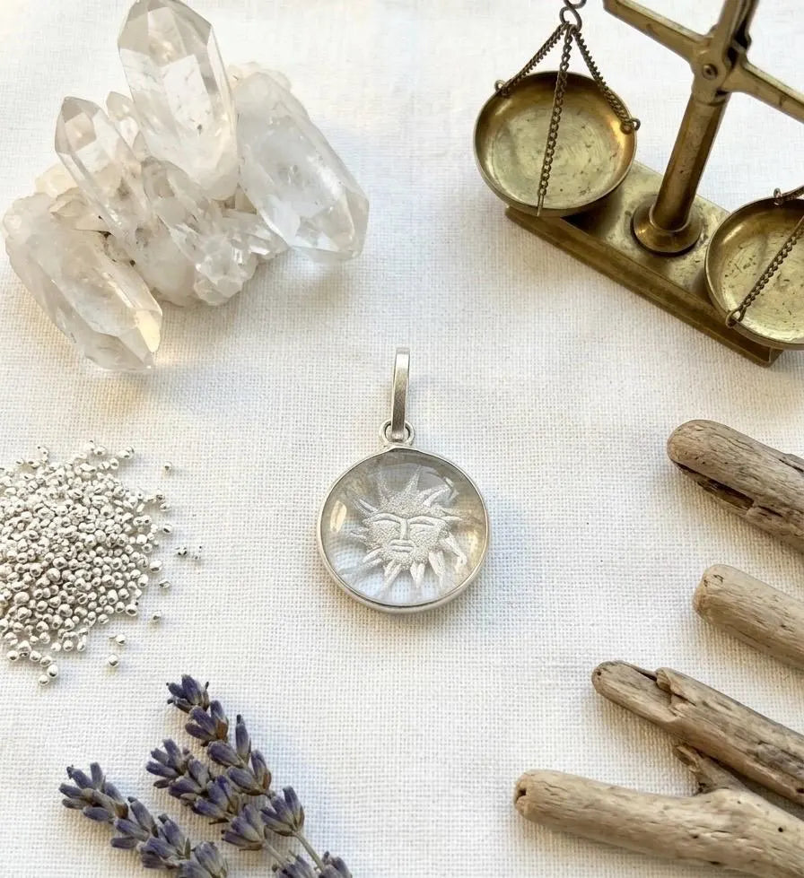 Sun Face Clear Quartz Crystal Pendant Necklace • Celestial Sun Jewelry • Natural Crystal Gift for Men & Women • Indian Jewelry • Hand Carved