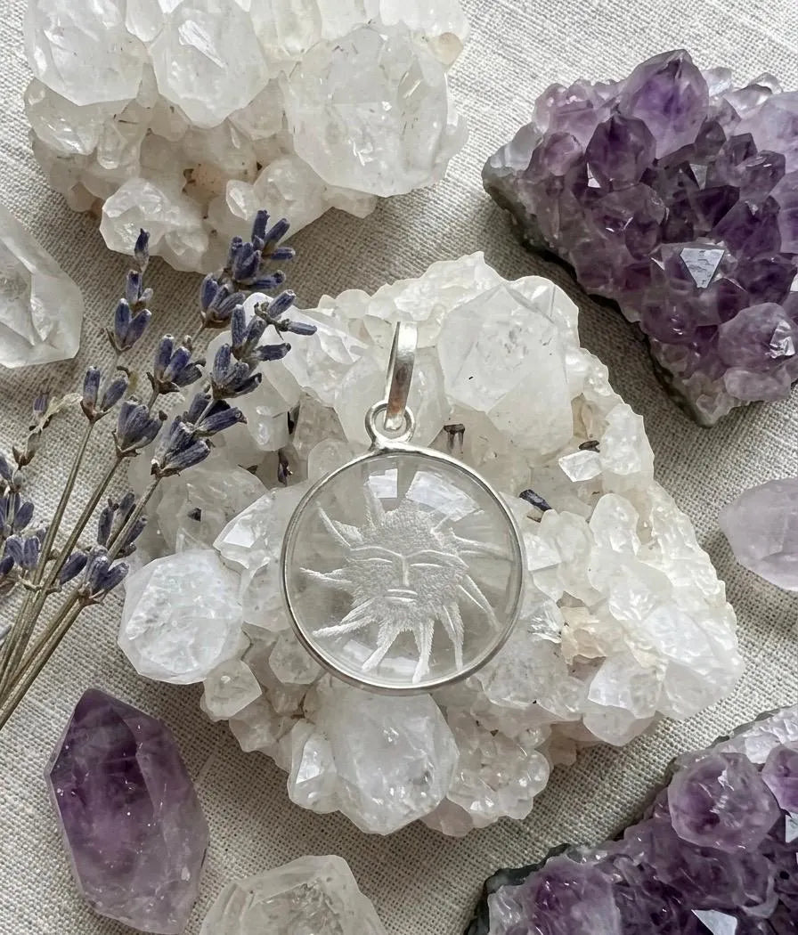 Sun Face Clear Quartz Crystal Pendant Necklace • Celestial Sun Jewelry • Natural Crystal Gift for Men & Women • Indian Jewelry • Hand Carved