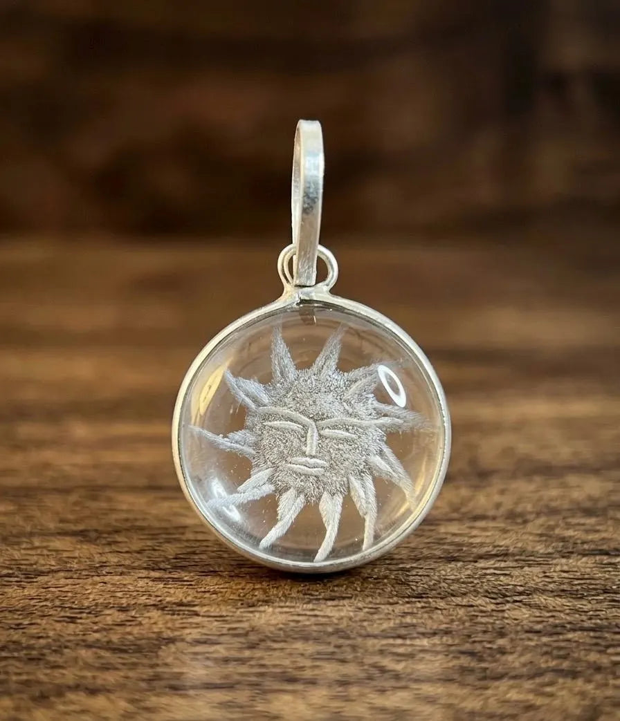 Sun Face Clear Quartz Crystal Pendant Necklace • Celestial Sun Jewelry • Natural Crystal Gift for Men & Women • Indian Jewelry • Hand Carved