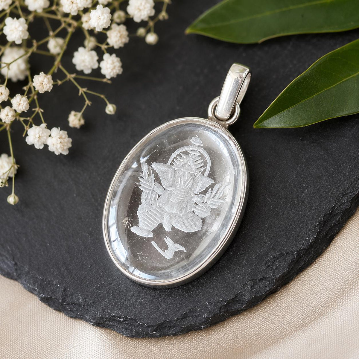 Lord Ganesha Clear Quartz Crystal Pendant • Hand Carved Sphatik Stone Jewelry • Meaningful Gift for Men & Women • Hindu Deity • Elephant God