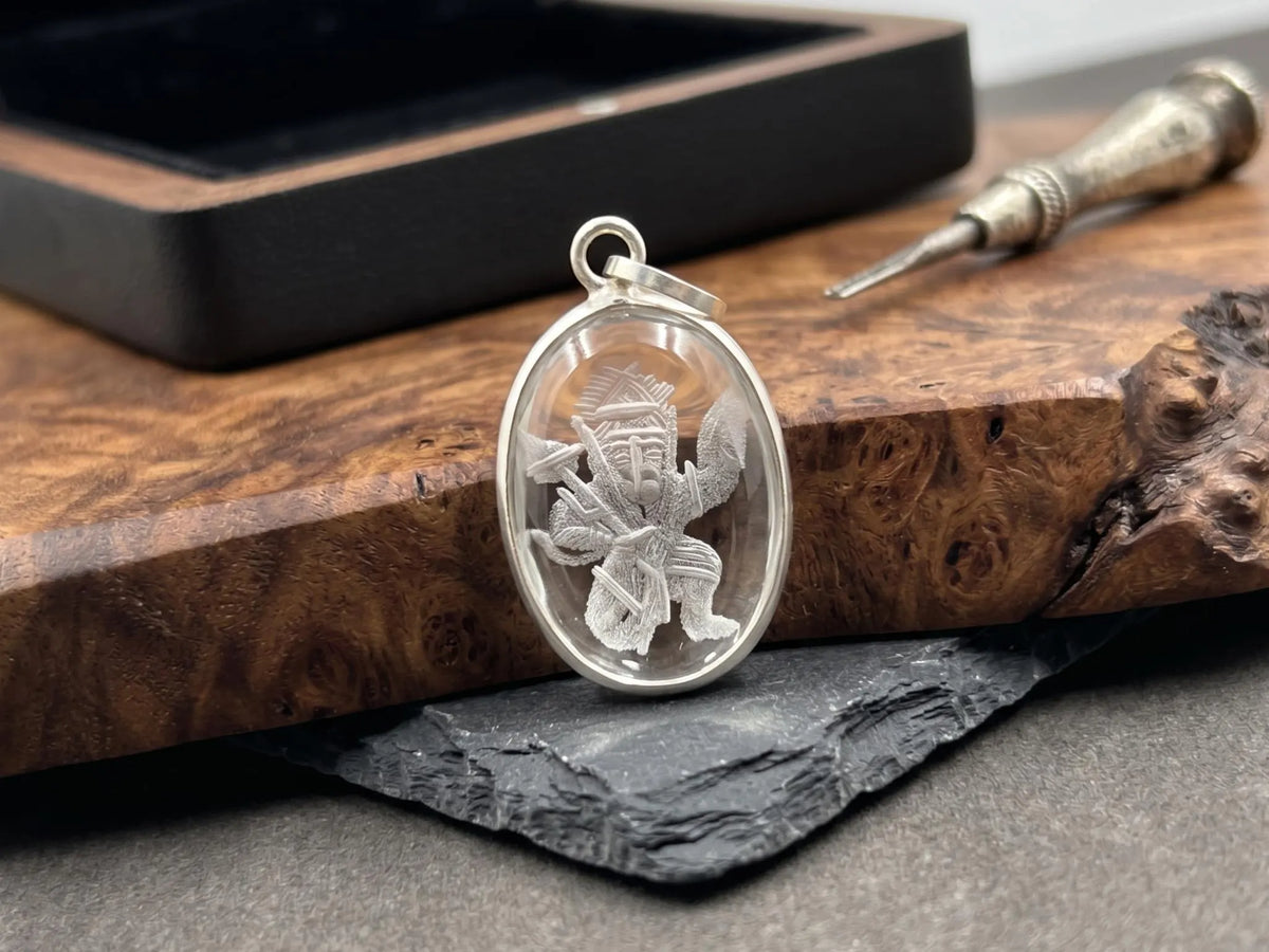 Lord Hanuman Pendant • Sphatik Crystal Pendant • Clear Quartz Spiritual Necklace • Hindu Protection Amulet Gift • Engraved Hanuman Pendant