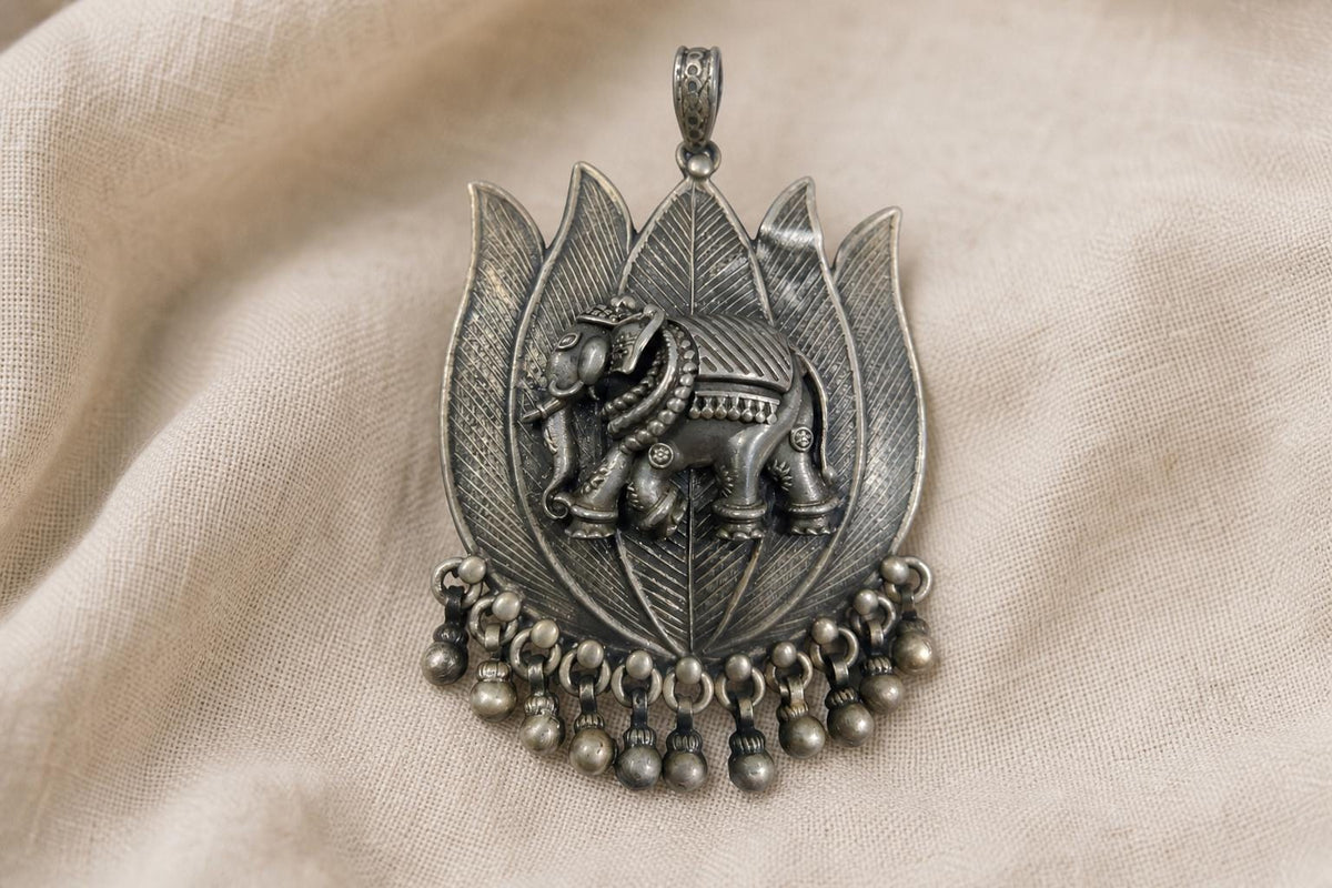 925 Sterling Silver Elephant Pendant  Oxidized Antique Large Statement  Ethnic Indian Lotus Jewelry  Gift for Her Women  Indian Pendants