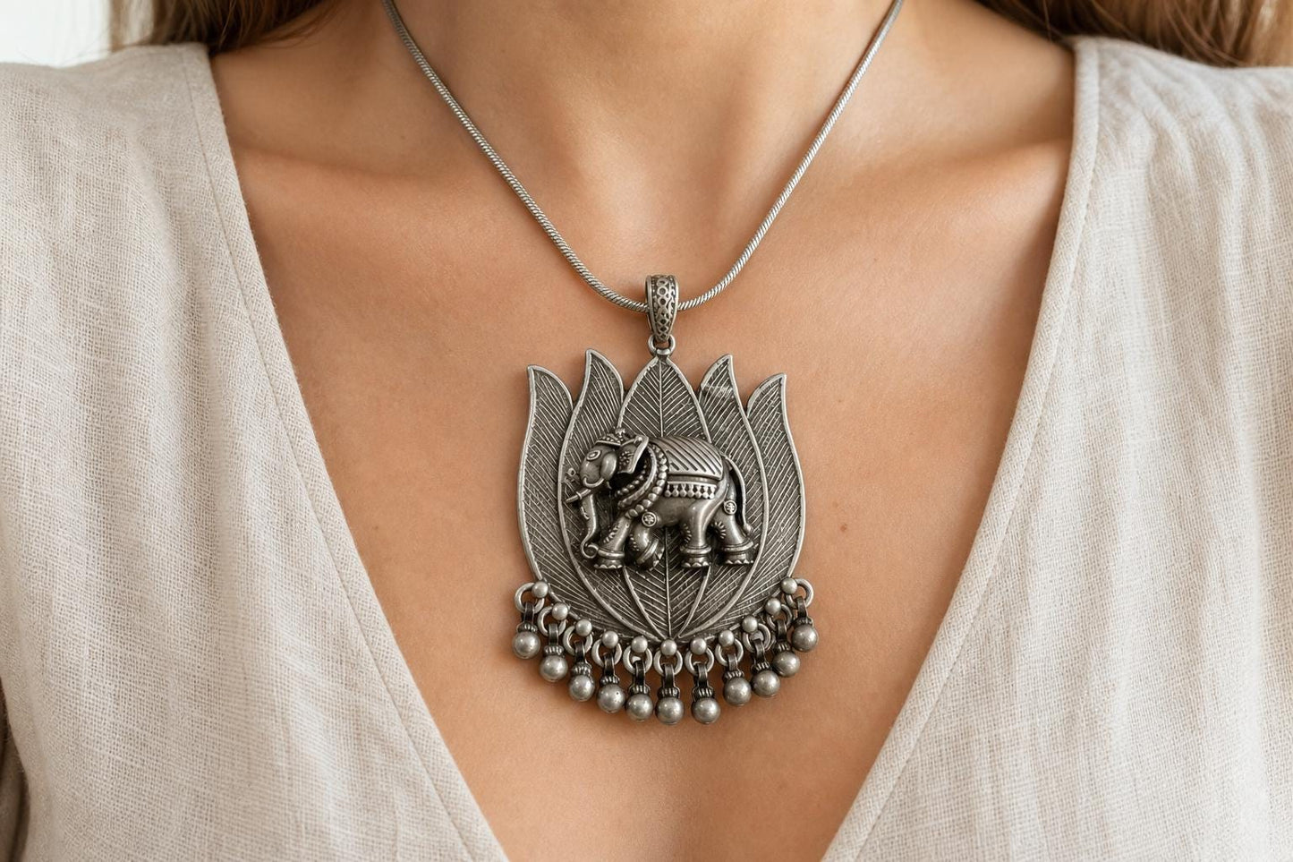 925 Sterling Silver Elephant Pendant  Oxidized Antique Large Statement  Ethnic Indian Lotus Jewelry  Gift for Her Women  Indian Pendants