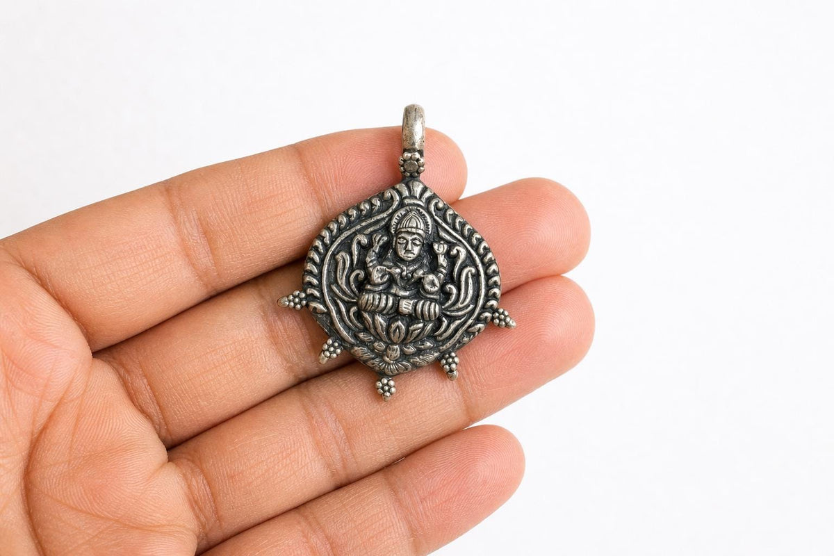 925 Sterling Silver Lakshmi Pendant  Oxidized Vintage Goddess Lakshmi  Hindu Spiritual Jewelry  Lotus Prosperity Amulet  Gift for Her
